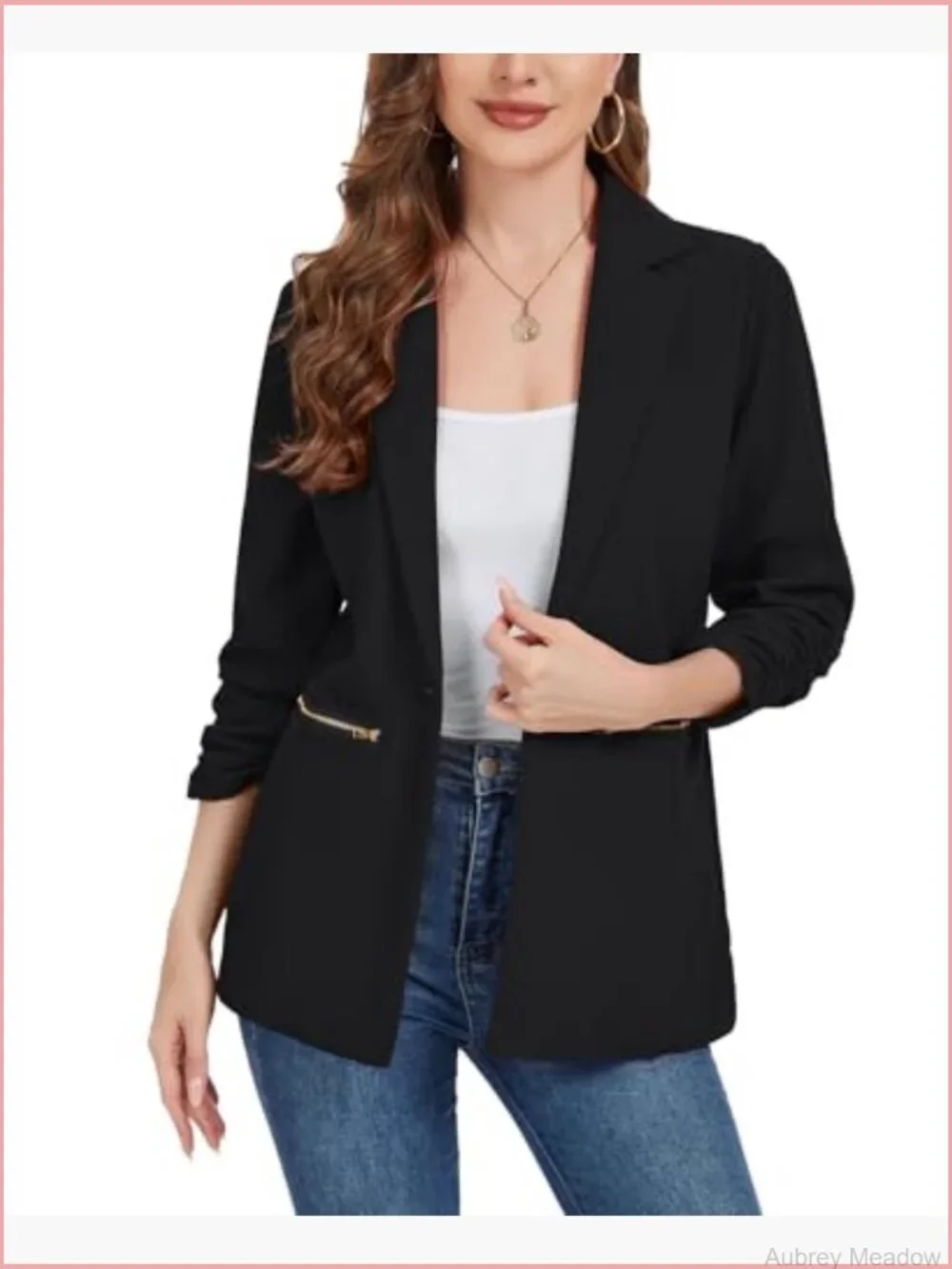 Women's 3/4 Sleeve Blazer with Zipper Pockets - Casual Work Jacket